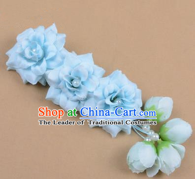 Chinese Ancient Peking Opera Blue Flowers Hair Accessories, Traditional Chinese Beijing Opera Props Head Ornaments Hua Tan Flocking Headwear Hairpins