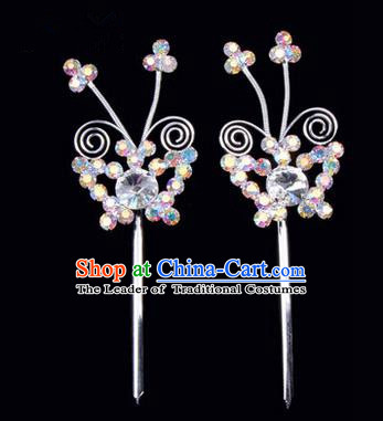 Chinese Ancient Peking Opera Pink Flowers Hair Accessories Headwear, Traditional Chinese Beijing Opera Head Ornaments Hua Tan Colorful White Butterfly Crystal Hairpins