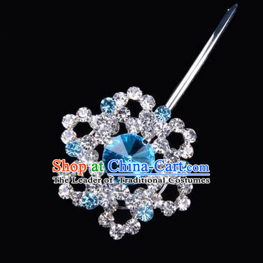 Chinese Ancient Peking Opera Pink Flowers Hair Accessories Headwear, Traditional Chinese Beijing Opera Head Ornaments Hua Tan Colorful Blue Hexagonal Crystal Bulb Hairpins