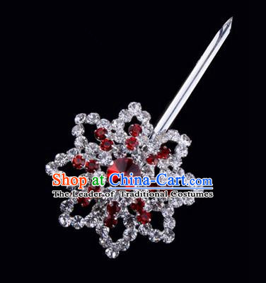 Chinese Ancient Peking Opera Pink Flowers Hair Accessories Headwear, Traditional Chinese Beijing Opera Head Ornaments Hua Tan Red Octagon Crystal Bulb Hairpins