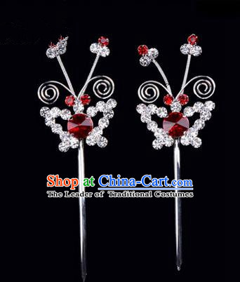 Chinese Ancient Peking Opera Pink Flowers Hair Accessories Headwear, Traditional Chinese Beijing Opera Head Ornaments Hua Tan Red Butterfly Crystal Hairpins