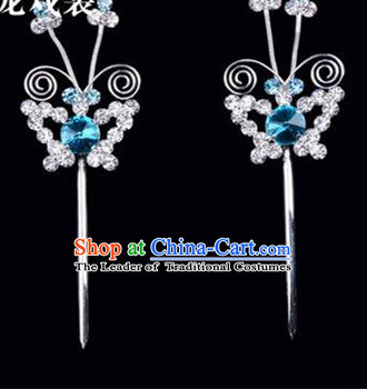 Chinese Ancient Peking Opera Pink Flowers Hair Accessories Headwear, Traditional Chinese Beijing Opera Head Ornaments Hua Tan Blue Butterfly Crystal Hairpins
