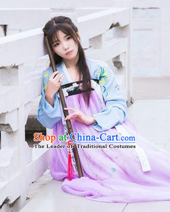 Traditional Chinese Ancient Tang Dynasty Young Lady Costumes, China Princess Hanfu Embroidered Blouse and Ru Skirt Complete Set for Women