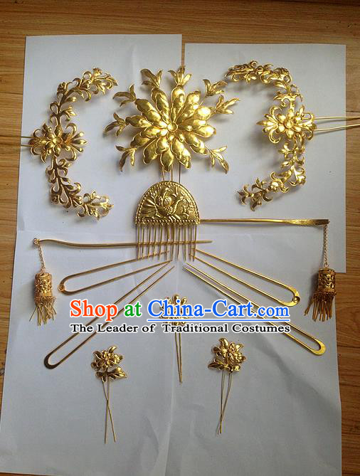 Traditional Chinese Ancient Classical Handmade Tang Dynasty Imperial Consort Hairpin Phoenix Coronet Jewelry Accessories Hanfu Classical Bride Combs Hair Sticks Complete Set for Women