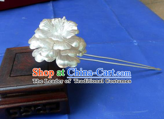 Traditional Handmade Chinese Ancient Classical Hair Accessories Barrettes Pure Sliver Peony Hairpins, Step Shake Hair Sticks Hair Jewellery for Women