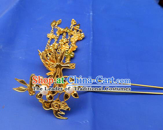 Traditional Handmade Chinese Ancient Classical Hair Accessories Barrettes Hanfu Tassel Hairpins, Golden Step Shake Hair Sticks Hair Jewellery for Women