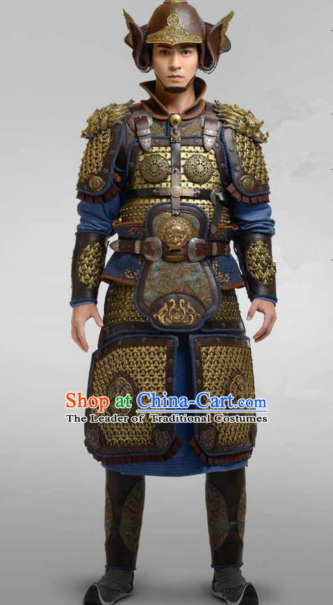 Chinese Ancient Tang Dynasty General Armour Costume and Headwear Complete Set, Traditional Chinese Ancient Warrior Swordsman Helmet Clothing for Men
