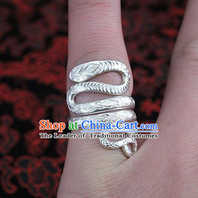 Traditional Chinese Miao Nationality Accessories Rings, Hmong Female Ethnic Pure Sliver Snake Finger Ring for Women