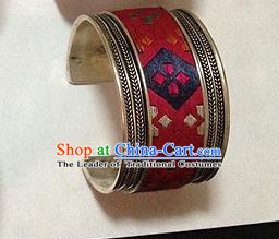 Traditional Chinese Miao Nationality Accessories Bracelet, Hmong Female Ethnic Pure Sliver Embroidery Bangle for Women