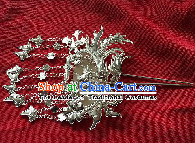 Traditional Handmade Chinese Ancient Classical Hair Accessories Barrettes Phoenix Hairpin, Pure Sliver Step Shake Long Tassel Hair Sticks for Women
