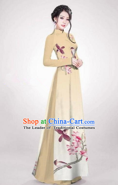 Top Grade Asian Vietnamese Traditional Dress, Vietnam Ao Dai Dress Khaki Cheongsam Clothing for Women
