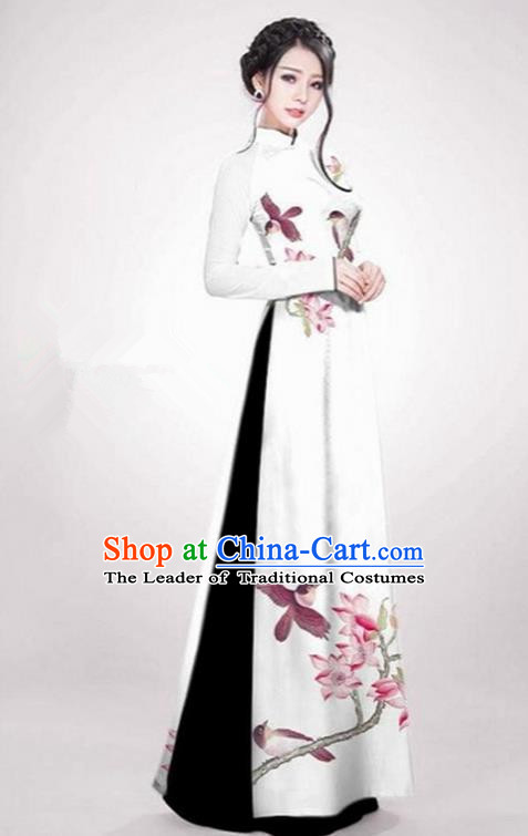 Top Grade Asian Vietnamese Traditional Dress, Vietnam Ao Dai Dress White Cheongsam Clothing for Women