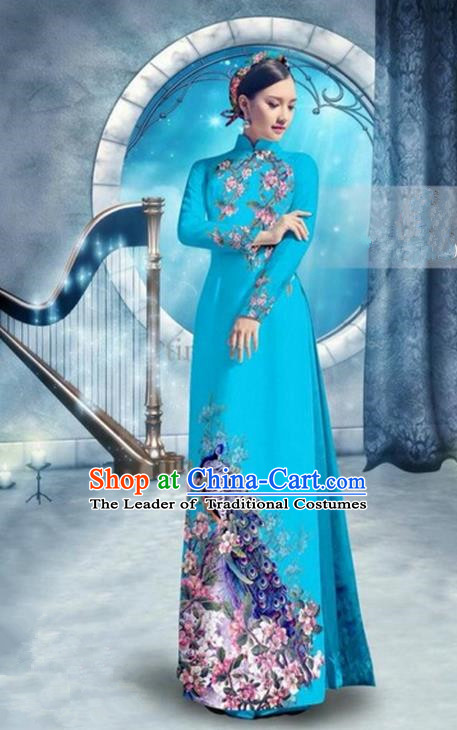 Top Grade Asian Vietnamese Traditional Dress, Vietnam Bride Ao Dai Dress, Princess Wedding Printing Peacock Blue Cheongsam Clothing for Women