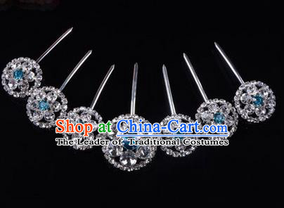 Chinese Ancient Peking Opera Hair Accessories Young Lady Headwear, Traditional Chinese Beijing Opera Head Ornaments Hua Tan Blue Crystal Hairpins Complete Set