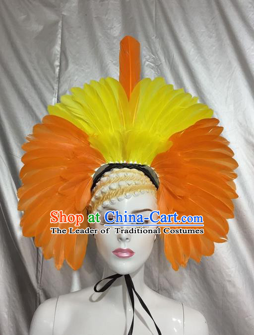 Top Grade Professional Stage Show Catwalks Brazil Feather Headpiece Hat, Brazilian Rio Carnival Samba Opening Dance Yellow Feather Headwear for Women