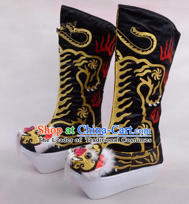 Chinese Ancient Peking Opera King Embroidered High Leg Boots, Traditional China Beijing Opera Emperor Black Embroidered Tiger-head High Sole Shoes