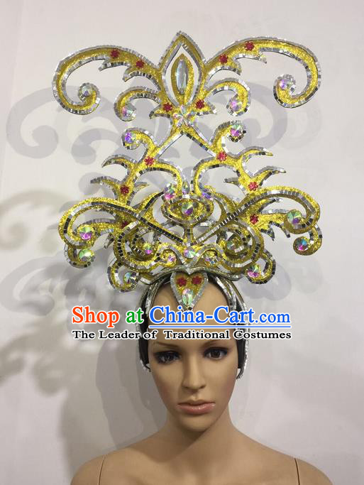 Top Grade Professional Stage Show Halloween Golden Crystal Headpiece Exaggerate Hat, Brazilian Rio Carnival Samba Opening Dance Hair Accessories Headwear for Women