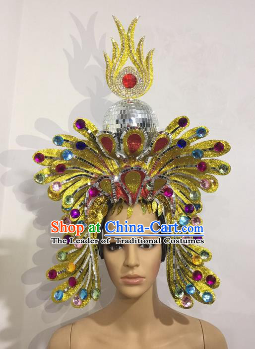 Top Grade Professional Stage Show Halloween Crystal Queen Headpiece Exaggerate Hat, Brazilian Rio Carnival Samba Opening Dance Hair Accessories Cleopatra Headwear for Women