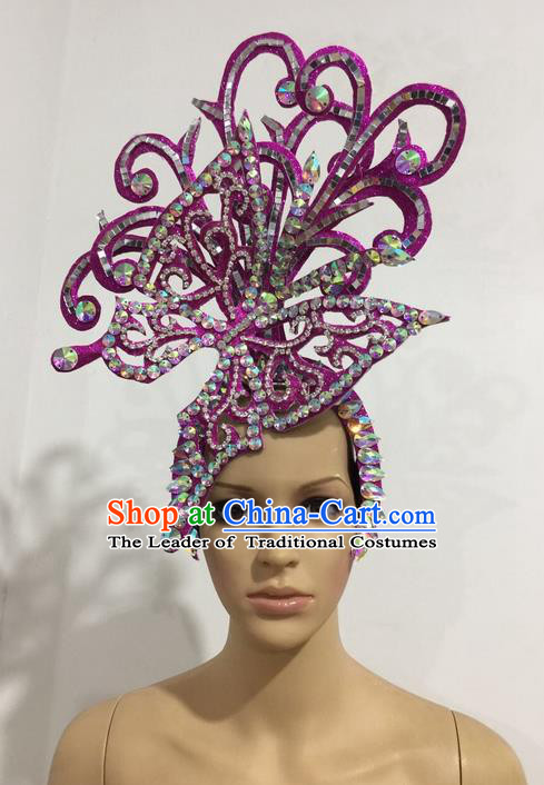 Top Grade Professional Stage Show Halloween Queen Purple Butterfly Headpiece, Brazilian Rio Carnival Samba Opening Dance Imperial Empress Hair Accessories Headwear for Women