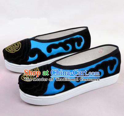 Chinese Ancient Peking Opera Huangmei Opera Old Men Shoes, Traditional China Beijing Opera Male Blue Embroidered Shoes