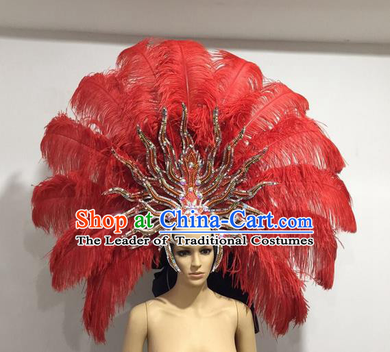 Top Grade Professional Stage Show Giant Headpiece Red Ostrich Feather Big Hair Accessories Decorations, Brazilian Rio Carnival Samba Opening Dance Hat Headwear for Women