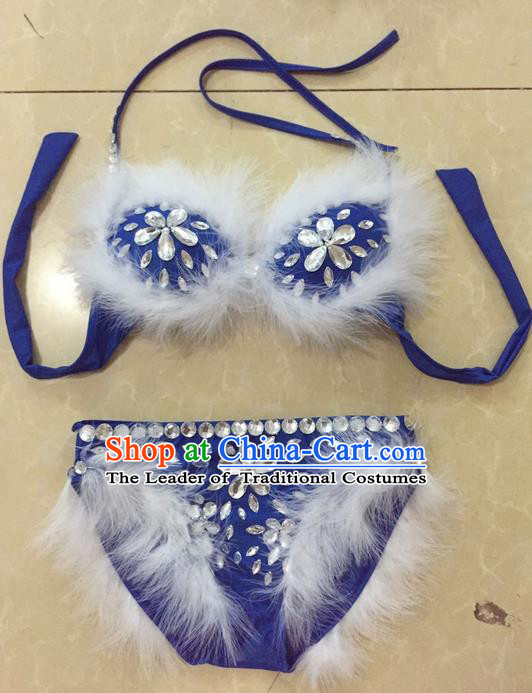 Top Grade Professional Performance Catwalks Bikini Swimsuit, Traditional Brazilian Rio Carnival Samba Modern Fancywork Blue Feather Clothing for Women