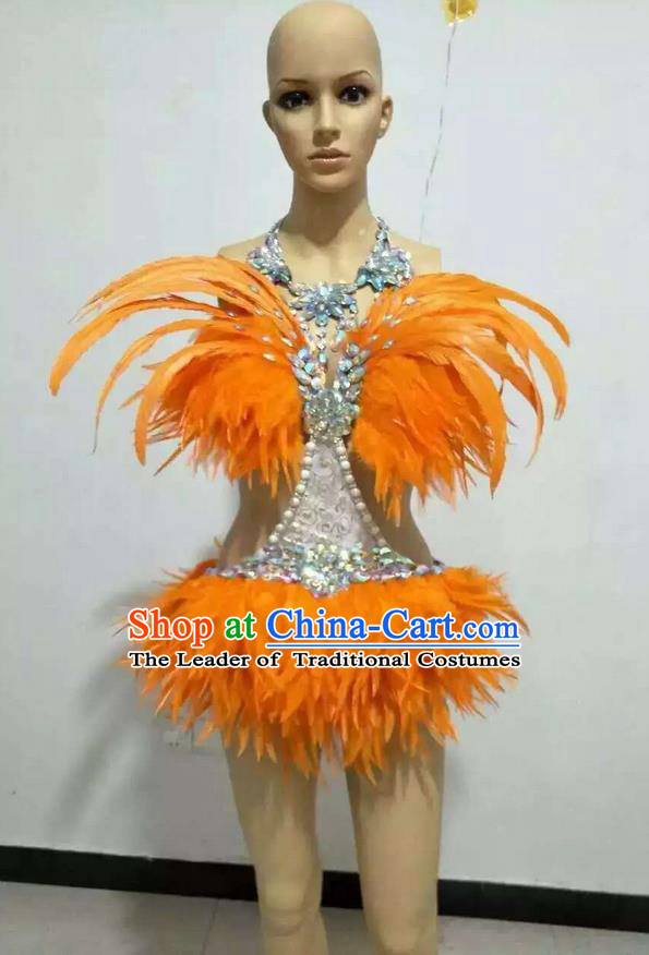 Top Grade Professional Performance Catwalks Swimsuit Costume, Traditional Brazilian Rio Carnival Samba Suits Modern Fancywork Orange Feather Bikini for Women