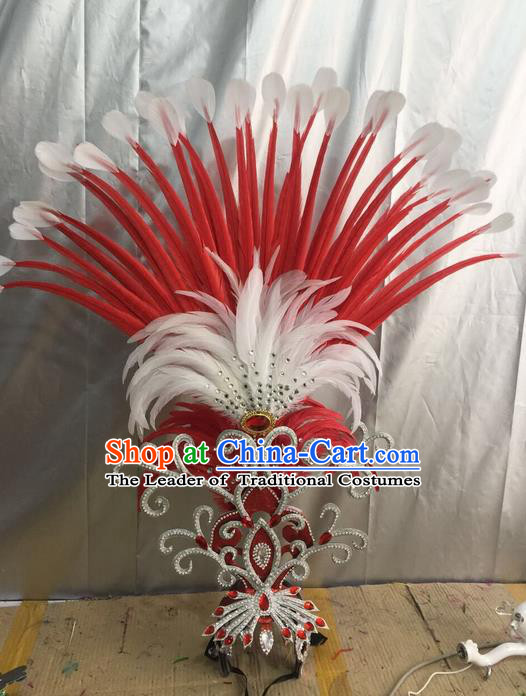 Top Grade Professional Stage Show Halloween Giant Headpiece Red Feather Hat, Brazilian Rio Carnival Samba Opening Dance Imperial Empress Hair Accessories Headwear for Women