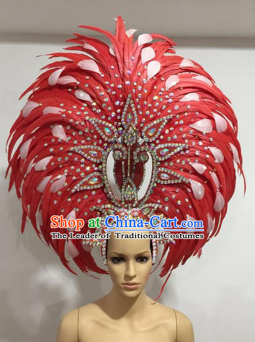 Top Grade Professional Stage Show Giant Headpiece Crystal Red and White Feather Hair Accessories Decorations, Brazilian Rio Carnival Samba Opening Dance Headwear for Women