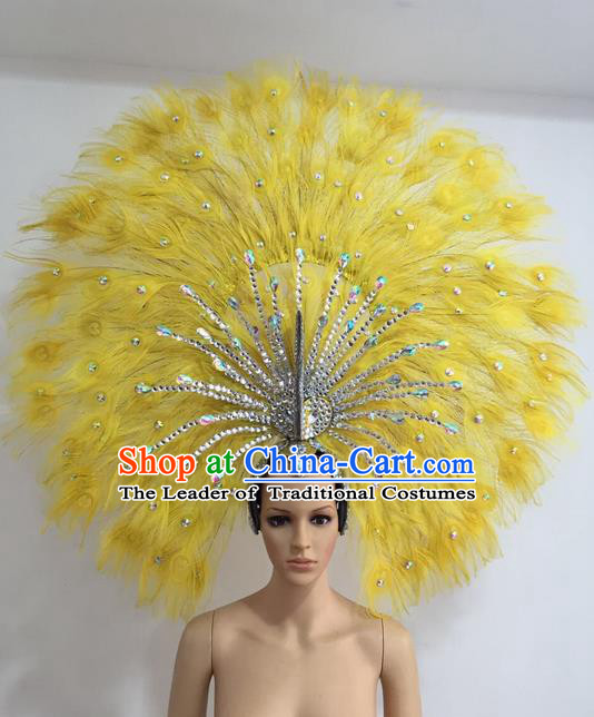 Top Grade Professional Stage Show Giant Headpiece Yellow Feather Big Hair Accessories Decorations, Brazilian Rio Carnival Samba Opening Dance Headwear for Women