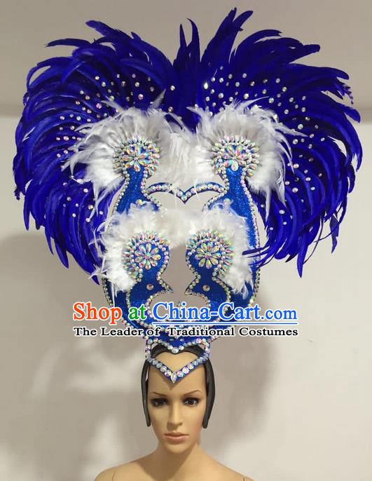 Top Grade Professional Stage Show Giant Headpiece Blue Feather Big Hair Accessories Decorations, Brazilian Rio Carnival Samba Opening Dance Headwear for Women