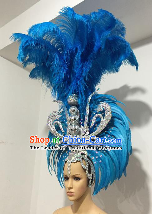 Top Grade Professional Stage Show Giant Headpiece Parade Giant Blue Feather Hair Accessories Decorations, Brazilian Rio Carnival Samba Opening Dance Headwear for Women