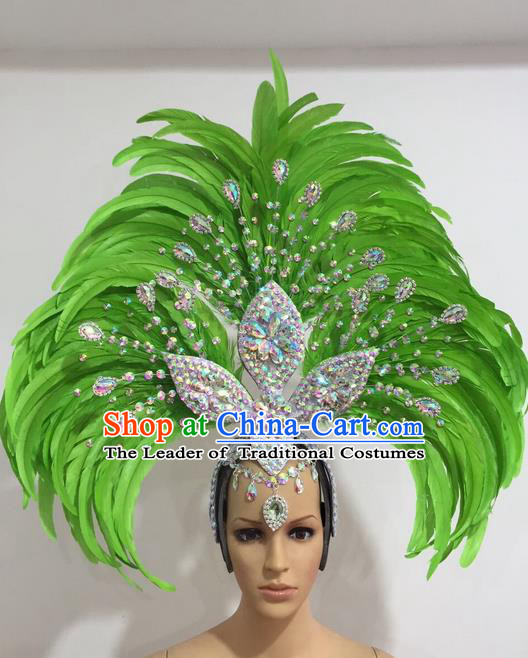 Top Grade Professional Stage Show Giant Headpiece Crystal Green Feather Hair Accessories Decorations, Brazilian Rio Carnival Samba Opening Dance Headwear for Women