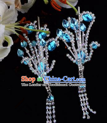 Chinese Ancient Peking Opera Hair Accessories Young Lady Diva Blue Tassel Phoenix Hairpins, Traditional Chinese Beijing Opera Hua Tan Colorful Crystal Head Ornaments