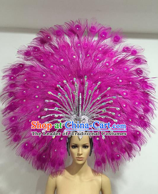 Top Grade Professional Stage Show Giant Headpiece Rosy Feather Big Hair Accessories Decorations, Brazilian Rio Carnival Samba Opening Dance Headwear for Women