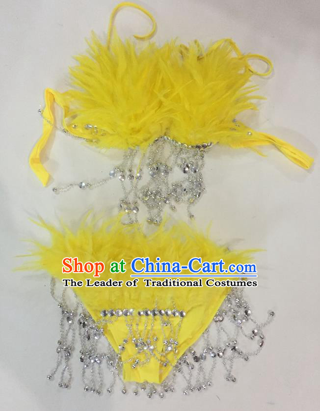 Top Grade Professional Performance Catwalks Swimsuit Costumes, Traditional Brazilian Rio Carnival Samba Suits Modern Fancywork Yellow Feather Bikini for Women
