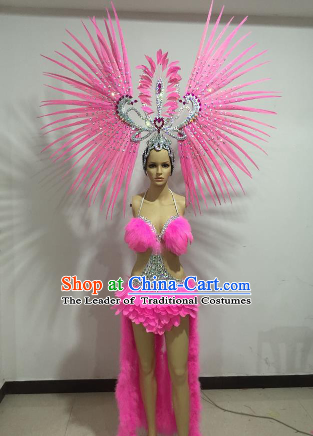 Top Grade Professional Performance Catwalks Swimsuit Costumes, Traditional Brazilian Rio Carnival Samba Suits Modern Fancywork Pink Bikini Clothing for Women