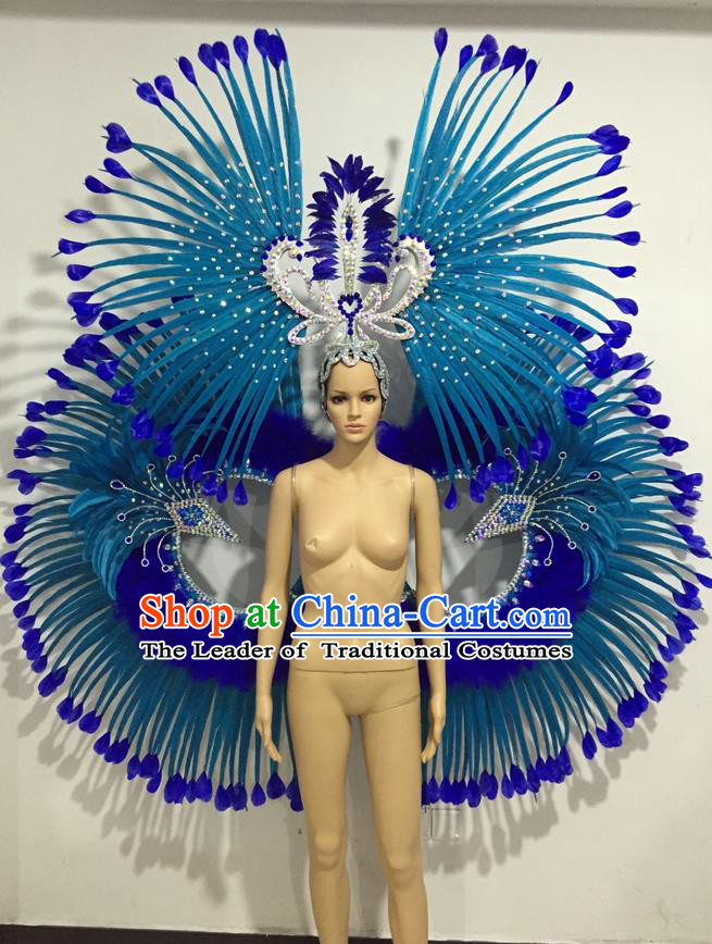 Top Grade Professional Performance Catwalks Blue Feather Props and Headpiece, Traditional Brazilian Rio Carnival Samba Opening Dance Modern Fancywork Backboard for Women