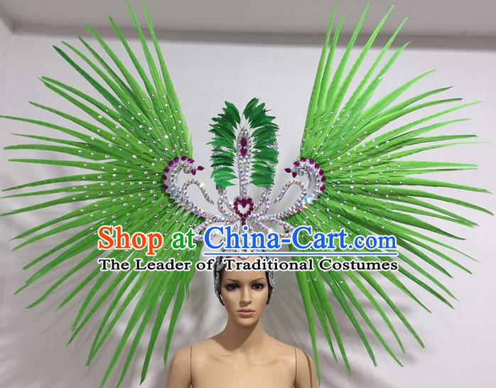 Top Grade Professional Stage Show Giant Headpiece Parade Hair Accessories Decorations, Brazilian Rio Carnival Samba Opening Dance Green Feather Headdress for Women