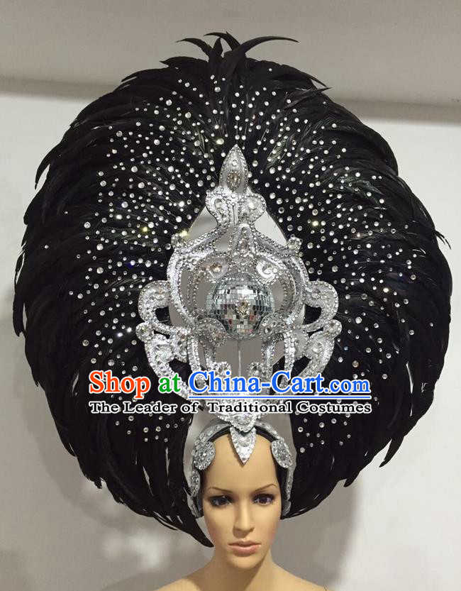 Top Grade Professional Stage Show Halloween Big Hair Accessories Decorations, Brazilian Rio Carnival Samba Opening Dance Black Feather Headpiece for Women