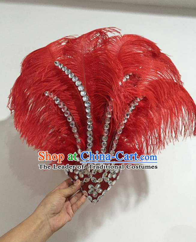 Top Grade Professional Stage Show Halloween Hair Accessories Decorations, Brazilian Rio Carnival Parade Samba Opening Dance Red Feather Headpiece for Women