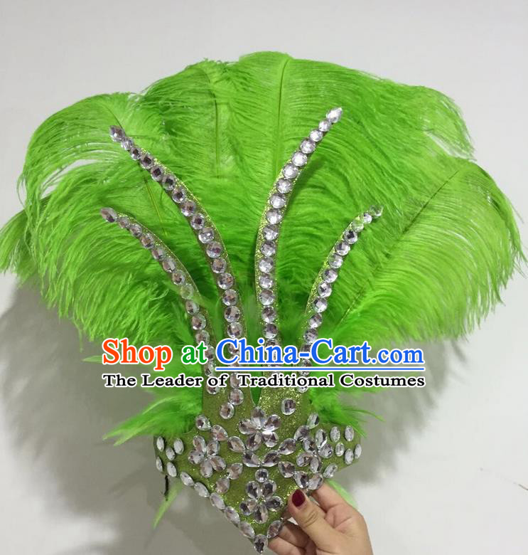 Top Grade Professional Stage Show Halloween Hair Accessories Decorations, Brazilian Rio Carnival Parade Samba Opening Dance Green Feather Headpiece for Women