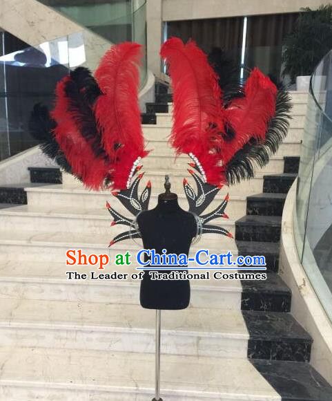 Top Grade Professional Stage Show Halloween Props Red Feather Wings, Brazilian Rio Carnival Parade Samba Dance Modern Fancywork Backplane for Kids