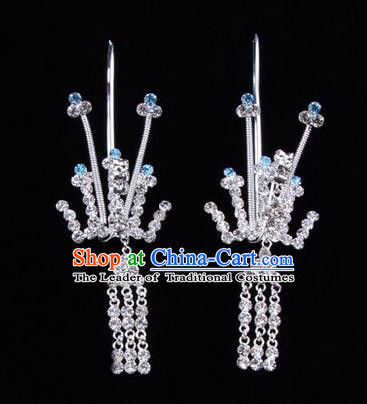 Chinese Ancient Peking Opera Hair Accessories Young Lady Phoenix Tassel Headwear, Traditional Chinese Beijing Opera Head Ornaments Hua Tan Crystal Blue Hairpins