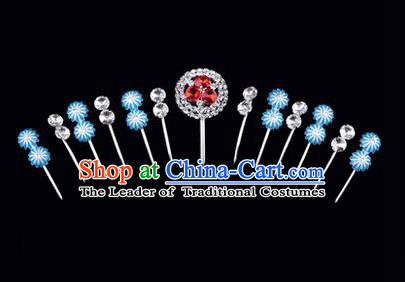 Chinese Ancient Peking Opera Hair Accessories Young Lady Headwear Complete Set, Traditional Chinese Beijing Opera Head Ornaments Hua Tan Crystal Red Hairpins