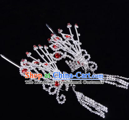 Chinese Ancient Peking Opera Hair Accessories Young Lady Diva Red Phoenix Headwear, Traditional Chinese Beijing Opera Head Ornaments Hua Tan Crystal Hairpins