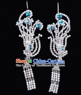 Chinese Ancient Peking Opera Hair Accessories Young Lady Diva Tassel Phoenix Headwear, Traditional Chinese Beijing Opera Head Ornaments Hua Tan Blue Crystal Hairpins