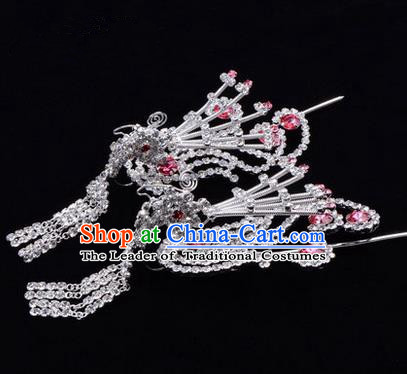 Chinese Ancient Peking Opera Hair Accessories Young Lady Diva Tassel Phoenix Headwear, Traditional Chinese Beijing Opera Head Ornaments Hua Tan Pink Crystal Hairpins