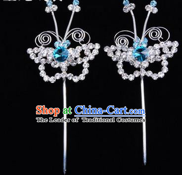 Chinese Ancient Peking Opera Hair Accessories Young Lady Diva Butterfly Blue Headwear, Traditional Chinese Beijing Opera Head Ornaments Hua Tan Crystal Hairpins