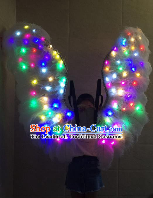 Top Grade Professional Stage Show Halloween Props Decorations Led Light Wings, Brazilian Rio Carnival Parade Samba Dance Catwalks White Feather Backplane for Women